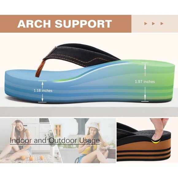 🆕  Black Khaki Platform Flip Flops Vegan Leather Summer Sandals Arch Support - Picture 5 of 7